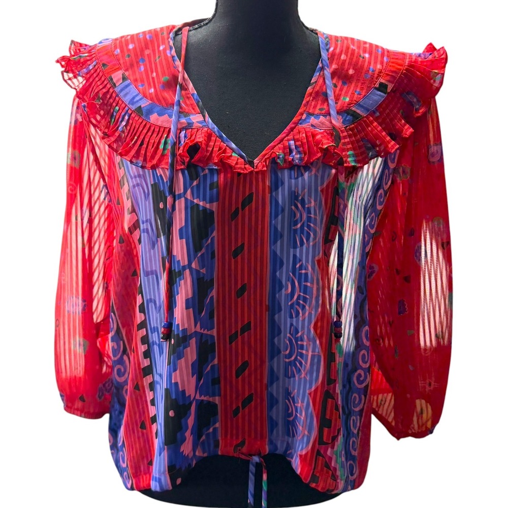 Assorti for Susan Freis Women's L‎ Multicolor Pleated Ruffle Boho Blouse USA